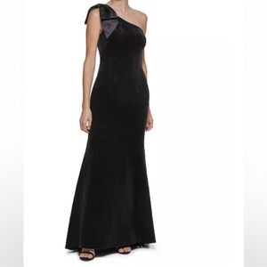 Elisa J formal black gown.one shoulder bow dress.